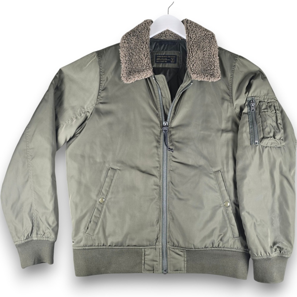 Abercrombie & Fitch Mens Bomber Jacket Size M Olive Green Faux Fur Collar Quilt
